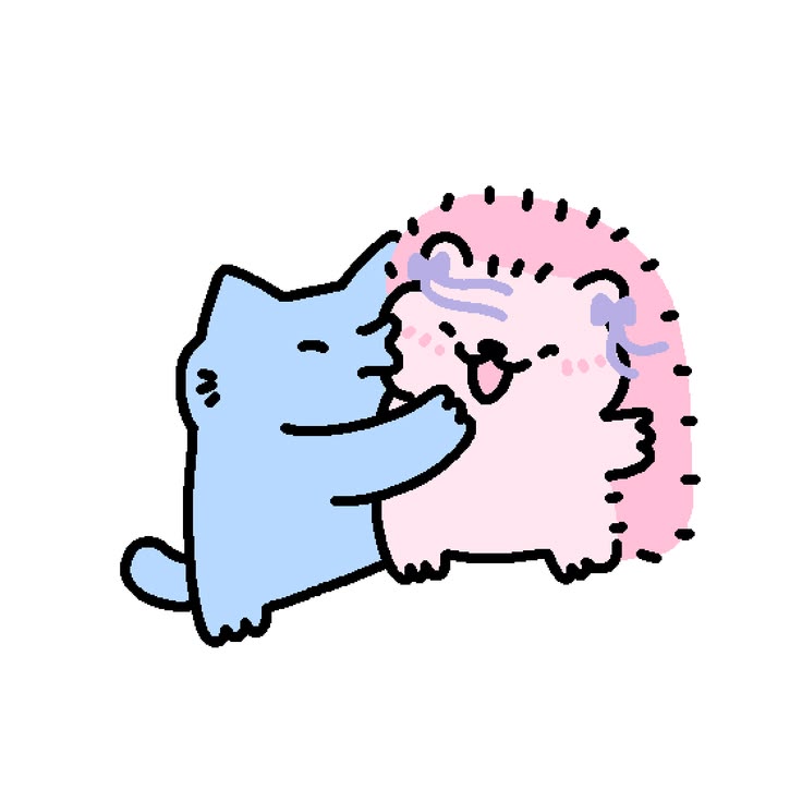 Голубой котик обнимает розового ежика